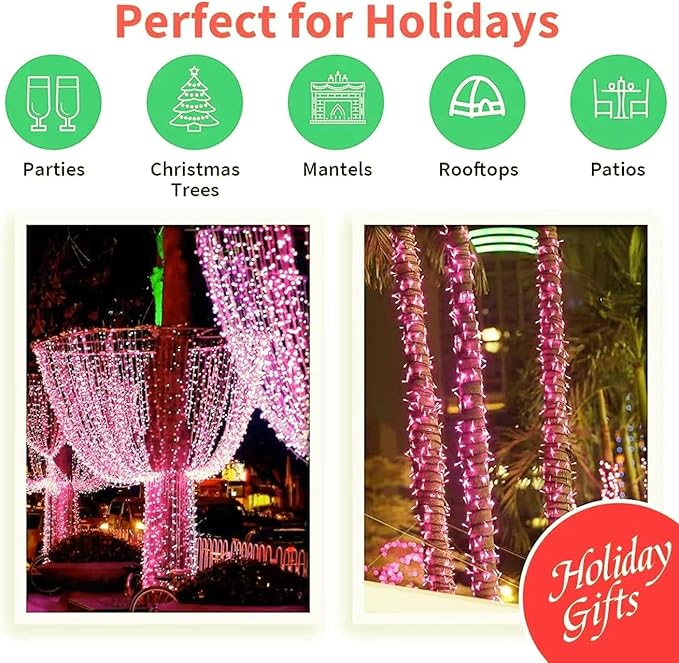 LAMPHOME 66ft Christmas Decorative Mini Lights,200 LED Transparent Wire Fairy Starry String Lights Plug in, 11 Lighting Modes, for Indoor Outdoor Xmas Tree Wedding Party Decoration (Pink)