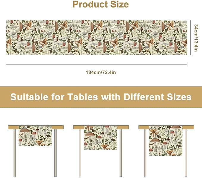 Mushroom Table Runner,Vintage Forest Flower Plant Print Table Runner for Kitchen Dining Table Home Party Decoration 13x120 Inch