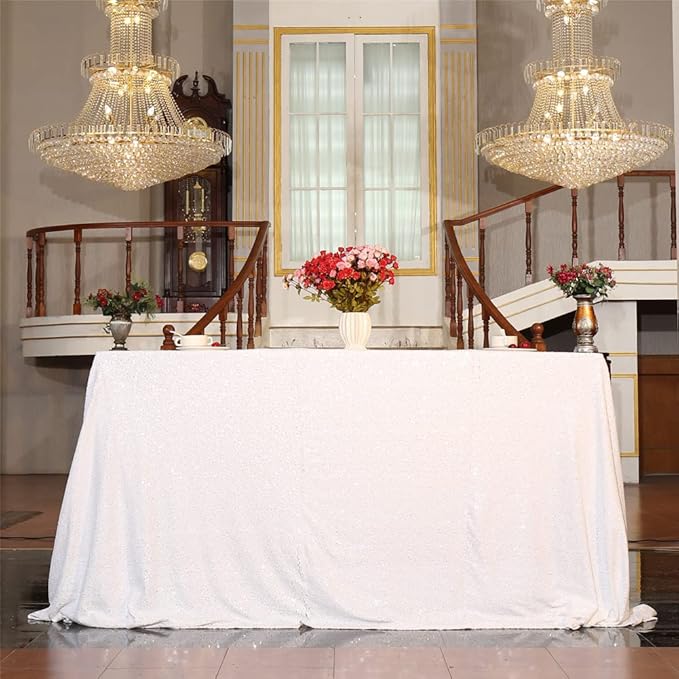 SquarePie Sequin Tablecloth 90 x 132 Inch White Sparkly Table Cloth for Wedding Party