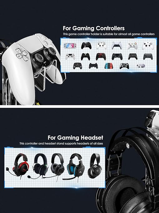OAPRIRE Headset and Controller Stand, Space-Saving 2 Tier Game Controller Holder, Acrylic Controller and Headset Stand for Desktop, Universal Design Compatible with PS5/PS4/Xbox/Switch (Deep Black)