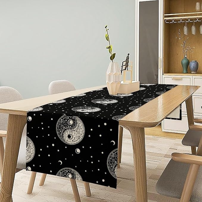 Mystical Celestial Table Runner, Vintage Bohemian Black Yin Yang Symbol Moon Stars Print Table Runner for Office Kitchen Dining Wedding Party Home Coffee Table, 13x60inch