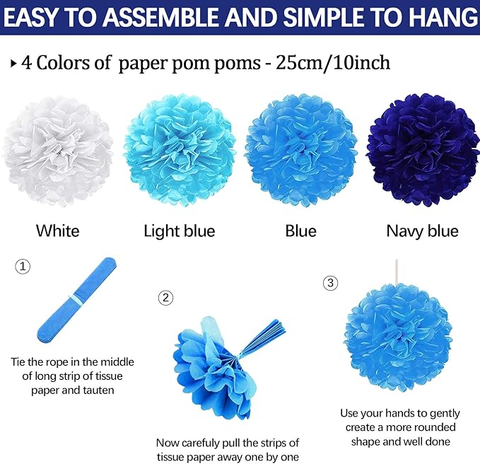 Navy-Light Blue Party Decorations, 23Pcs Hanging Paper Fans Party Decorations with Honeycomb Ball, Pom Poms Flowers for Boy Men Birthday Decoration, Bridal Shower,Baby Boy Showers,Wedding