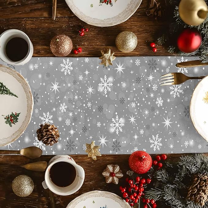 Christmas Snowflakes Cotton Linen Table Runner for Dining Kitchen, Xmas Tree Snow Winter Wedding Outdoor Party Tablerunners Decoration, Grey Balls Dresser Scarf Coffee Tablecloth Runners 13x70 Inches
