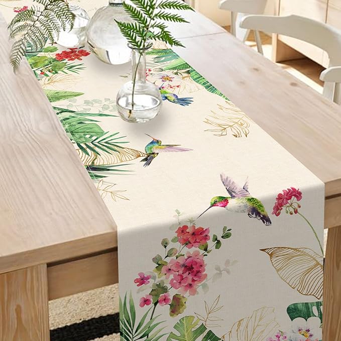 Seliem Summer Tropical Hummingbird Palm Leaf Greenery Table Runner, Spring Birds Home Kitchen Monstera Geranium Flowers Dining Decor, Seasonal Burlap Decorations Anniversary Party Supply 13 x 90 Inch