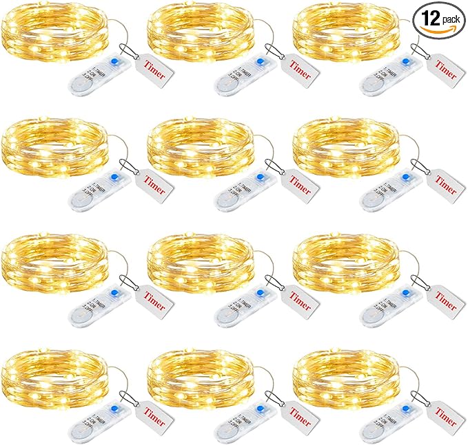 Minetom 12 Pack Fairy Lights Battery Operated String Lights with Timer - 7ft 20 LED Waterproof Silver Wire Firefly Light Waterproof for DIY Crafts Wedding Décor Table Mason Jars Party