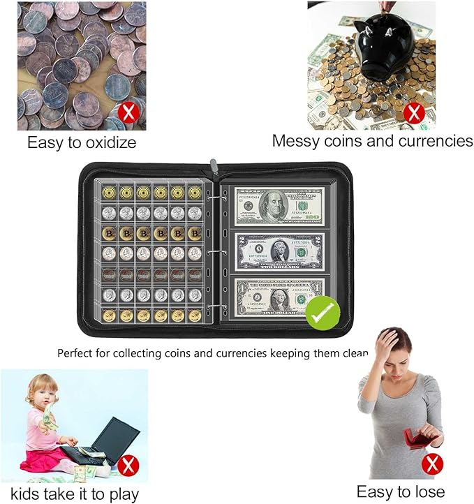 Fireproof Coin Currency Collection Album Book for Collectors, 360 Pockets and 15 Sleeves Paper Money Collecting Album for Coin Currency Collection Supplies, Stamp, Bill