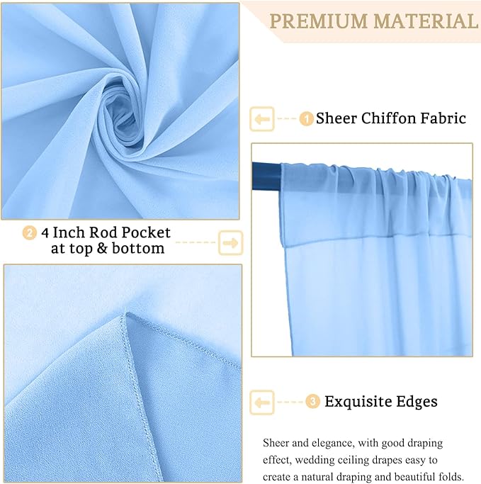 MODFUNS Wedding Drapes Ceiling Decorations Baby Blue Wedding Arch Drapes 5FTx20FT 2 Panels Chiffon Sheer Ceiling Curtain Tulle Curtain for Party Sheer Arbor Drapery Canpoy Tent Ceiling Backdrop
