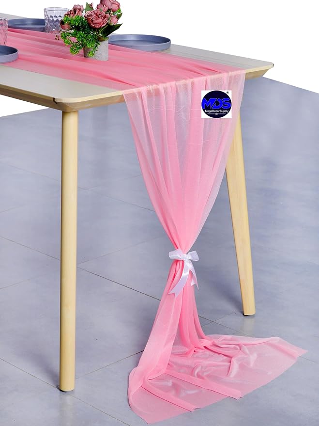 MDS 5 Pack 10ft Chiffon Table Runner 29 x 120 Inches Sheer Wedding Runner Romantic Rustic Table Runner for Wedding Decorations, Birthday Parties, Bridal Shower Party Arch Decor - Coral