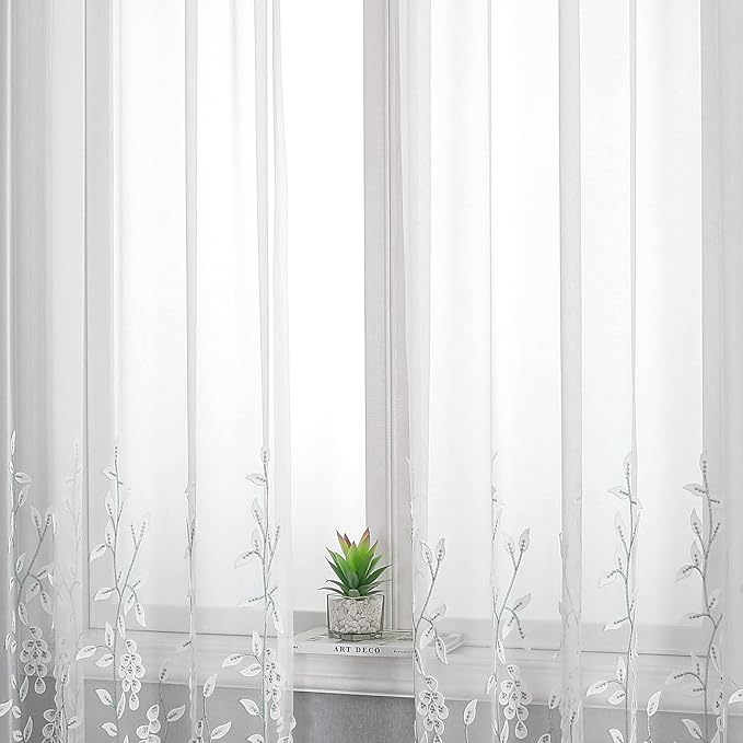 VISIONTEX White Sheer Voile Curtains, Decorative White Embossed Leaves Rod Pocket Window Drapes for Home Kitchen, Living Room and Bedroom 54 x 95 Inch, Set of 2 Curtain Panels