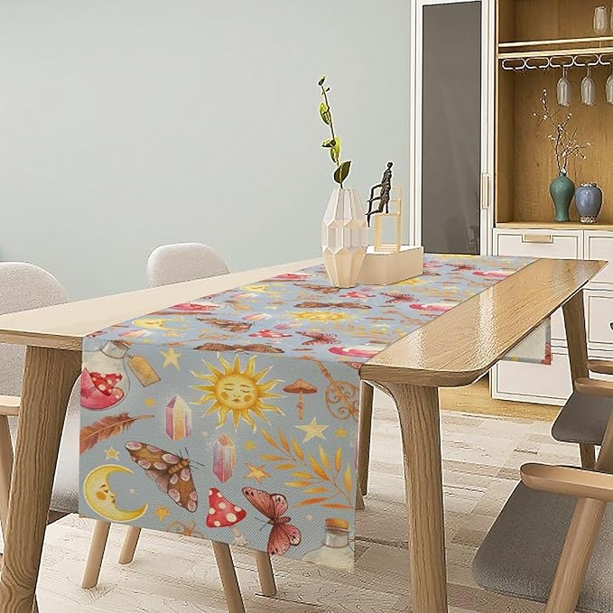 Boho Sun Moon Table Runner Mystical Rustic Butterfly Mushroom Star Table Runner for Kitchen Living Room Dinner Holiday 13x60 Inch