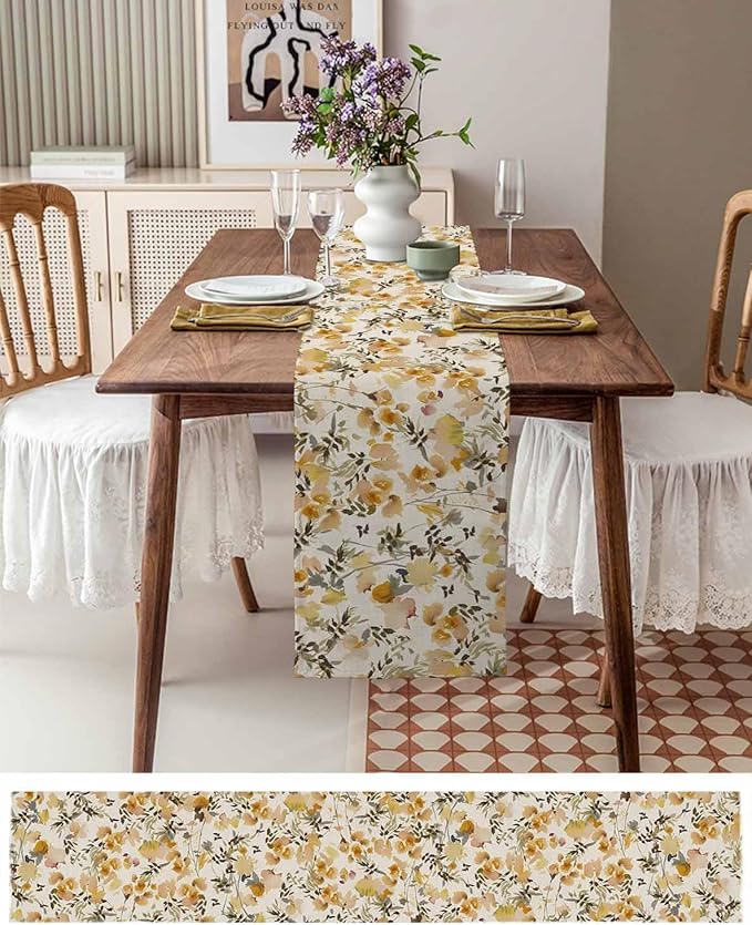 Vintage Orange Flower Cotton Linen Table Runner for Dining Kitchen, Wedding Outdoor Party Tablerunners Decoration, Farmhouse Botanical Floral Retro Dresser Scarf Coffee Tablecloth Runners 13x48 Inches