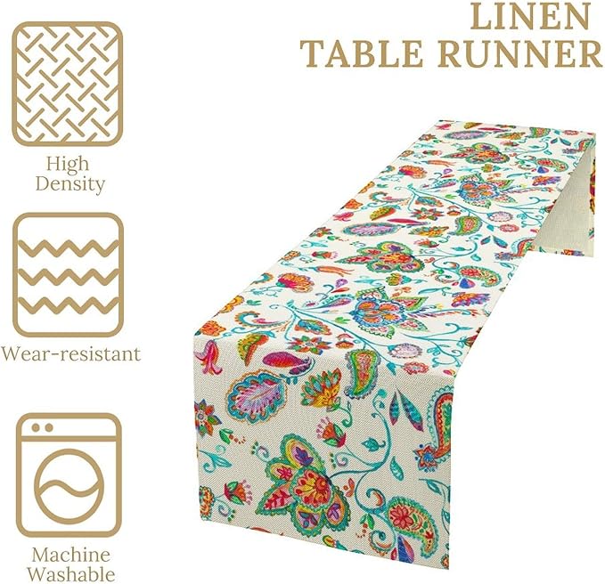 Paisley Table Runner, Watercolor Floral Oriental Indian Traditional Tulips Leaves Bohemian Paisley Print Table Runner for Kitchen Dining Tables Party Decor, 13x36inch