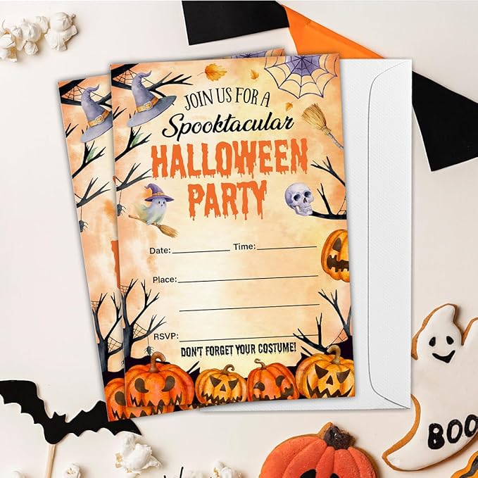 Halloween Party Invitations, Spooky Pumpkins Halloween Party Fill in Invites Cards With Envelopes (20 Count), Double Sided Design