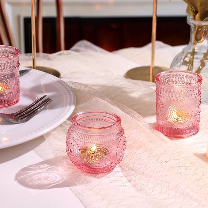 DARJEN 24Pcs Pink Votive Candle Holders- Glass Candle Holders Bulk for Flameless LED Tea Waxes, Romantic Candle Holder for Wedding Decor, Various Parties & Dinner Table