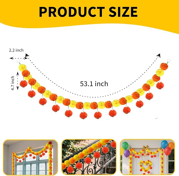 5 Pcs Diwali Artificial Marigold Garland with Pearls Decor, 4.5 Feet Artificial Marigold Flowers for Indian Pooja Diwali Home Mantle Decor Long Strands for All Year Decoration (Yellow＆Orange&Red)