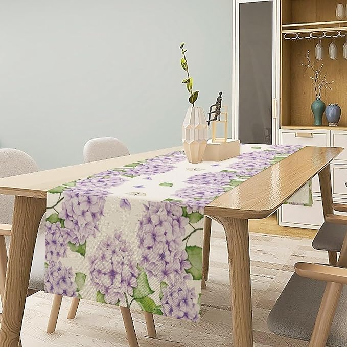 Watercolor Hydrangea Flower Table Runner, Spring Summer Seasonal Plants Butterfly Pink Lavender Dinner Runner for Home Kitchen Dining Table Party Holiday Decoration 13"x60"