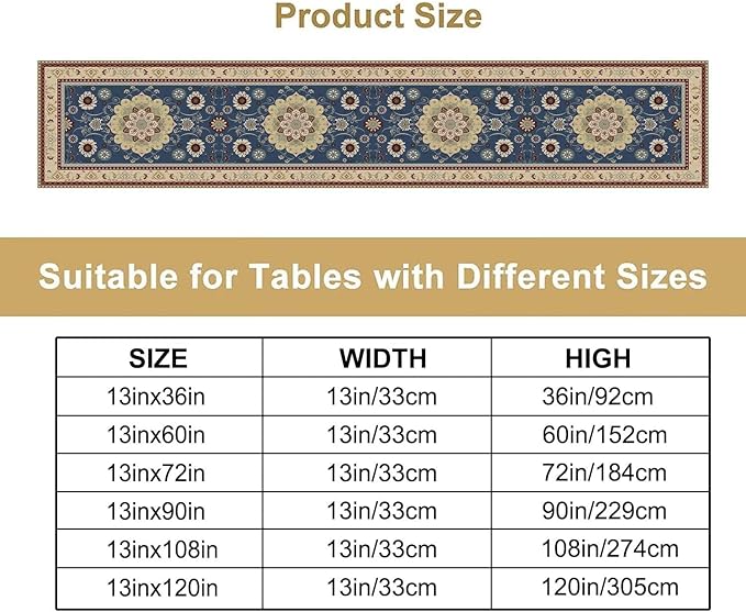 Vintage Boho Floral Table Runner, Elegant Rustic Country Farmhouse Blue Yellow Retro Flower Pattern for Home Kitchen Table Decor Dining Coffee Room Party Decor 13x108in