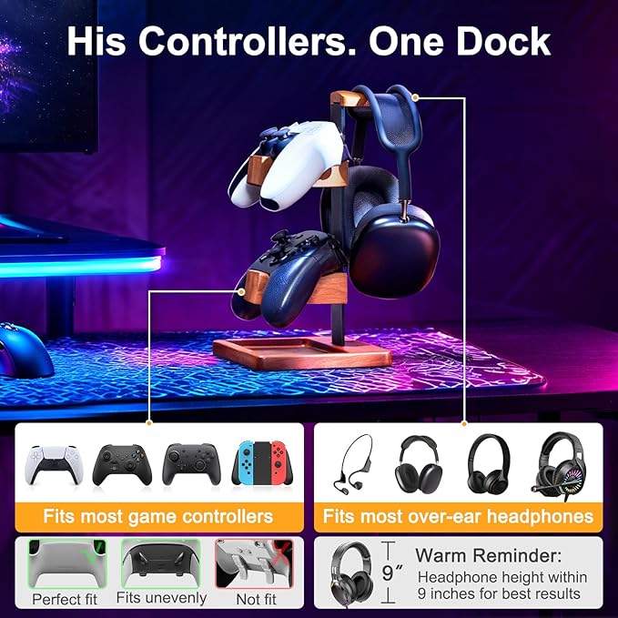 Solid Wood Controller Holder and Headphone Stand, Gaming Controller Stand for Desk, Dual Controller Organizer Rack, Fits Xbox, PS4, PS5, Gamepad, Headset Holder for Son, Husband, Boyfriend