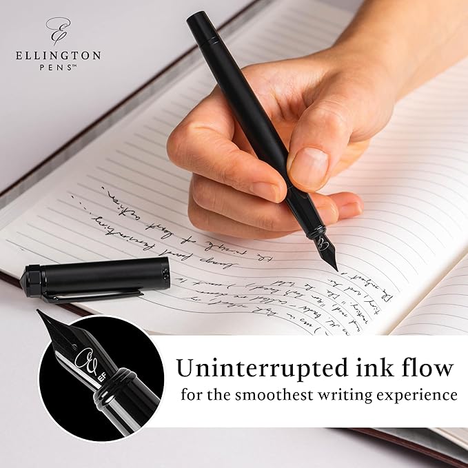 Ellington Pens Luxury Fountain Pen Set - Fountain Pens For Writing - Smooth Fine Nib - Includes Refillable Ink Converter, 3 Ink Cartridges, Gift Box - Calligraphy, Journaling, Sketching (The Stealth)