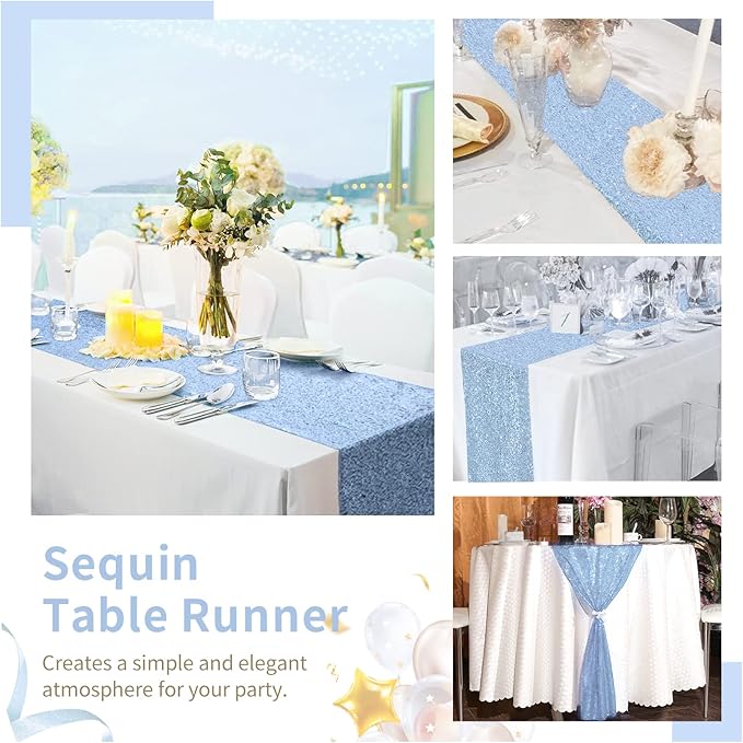 SoarDream Baby Blue Table Runner 10 Pieces 12x72 Inches Sequin Fabric Glitter Table Runner for Party Holiday Birthday Wedding Baby Shower Supplies Decorations