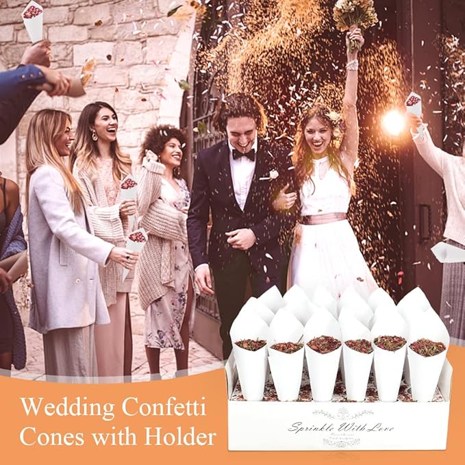 30 Pieces biodegradable confetti Cones and Stand Tray Paper Cone Box 30 Holes Suitable Placing Dried Flower Petals Confetti for Wedding, Engagement, Party, Birthday (White)