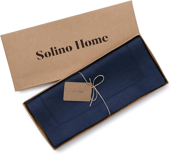Solino Home Linen Navy Blue Table Runner 36 Inches - Classic Hemstitch, 100% Pure Linen Coffee Table Runner 14 x 36 Inch Ideal for Dresser Tables - Fall, Autumn, Halloween, Thanksgiving, Christmas