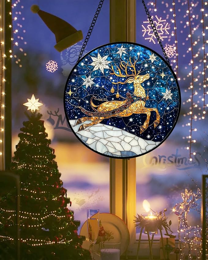 Stained Glass Window Hanging - Reindeer Blue Starry Sky Suncatcher for Doors Home Christmas Decoration Winter Sun Catcher Thanksgiving New Year Birthday Gifts for Women Men Mom Nana 6.3 in
