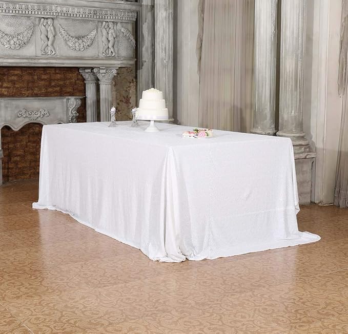 SquarePie Sequin Tablecloth 90 x 132 Inch White Sparkly Table Cloth for Wedding Party