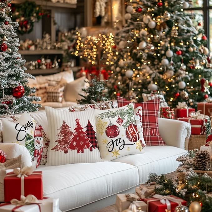 GEEORY Winter Christmas Throw Pillow Covers 16 x 16 Inch Set of 4, Xmas Trees Snowflake Snowman Joy Holiday Farmhouse Decorative Cushion Cases for Home Decoration G583-16