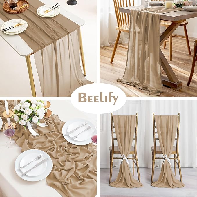 2 Pack 10 Ft Chiffon Table Runner Beige Gauze Long Table Runners 27x120 Inches Sheer Tulle Table Runner for Rustic Wedding Reception Bridal Shower Decorations Birthday Party