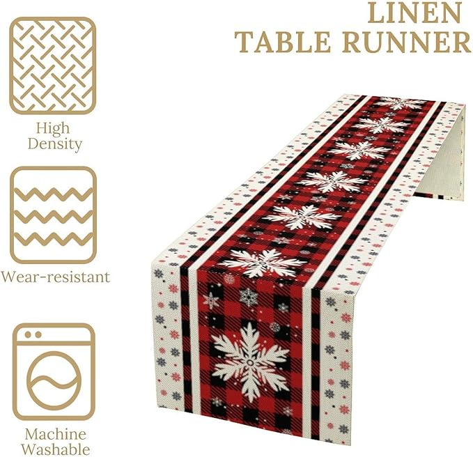 Snowflakes Christmas Table Runner,Red Buffalo Plaid Seasonal Winter Kitchen Dining Table Decoration for Home Party Decor 13x108 Inch