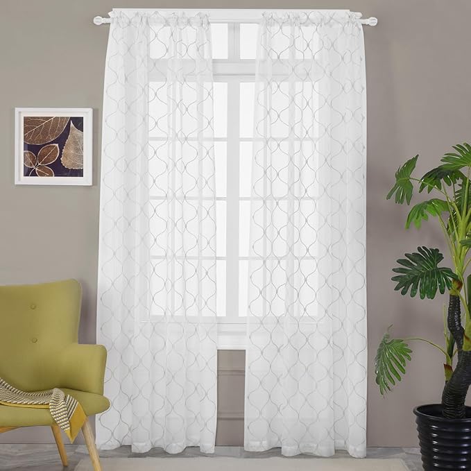 MYSTIC-HOME Embroidery White Sheer Curtains 84 Inches Long, Rod Pocket Sheer Drapes for Living Room, Bedroom, 2 Panels, 52"x84", Semi Crinkle Voile Window Treatments for Yard, Patio, Villa, Parlor.