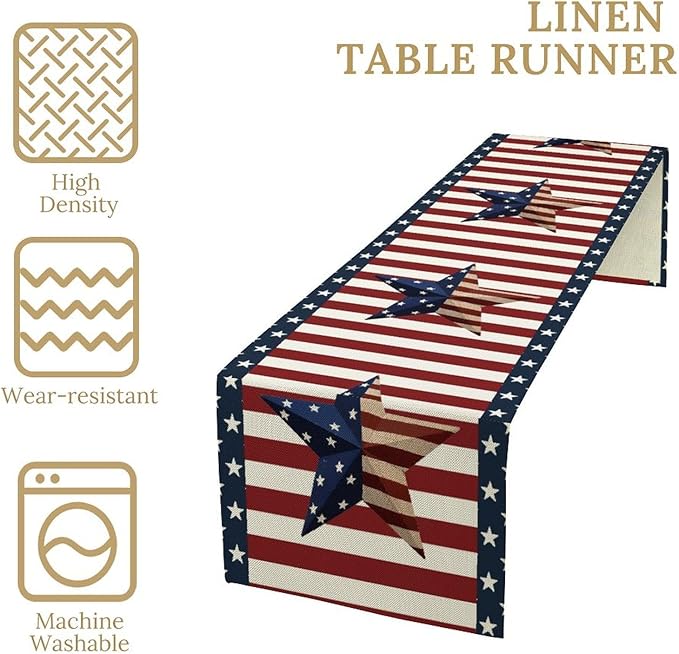 4th of July Table Runner, Patriotic Independence Day American Stars Stripes Flag Print Table Runner for Farmhouse Kitchen Dining Holiday Birthday Party, 13x70inch