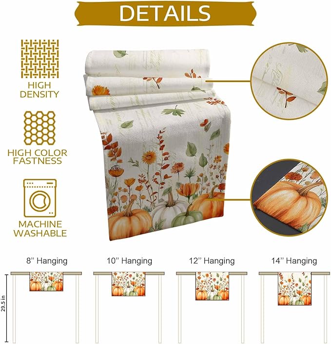 Fall Wildflowers Cotton Linen Table Runner for Dining Kitchen, Thanksgiving Pumpkin Outdoor Party Rustic Tablerunners Decoration, Botanical Floral Vintage Dresser Scarf Tablecloth Runners 13x90 Inches