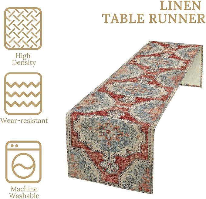 Boho Floral Vintage Table Runner, Retro Blue Red Flower Rustic Country Farmhouse Abstract Pattern for Home Kitchen Table Decor Dining Coffee Room Party Decor 13x108in