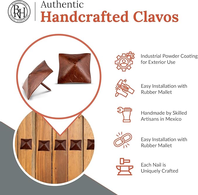 10 Pack 2" Square Head Iron Clavos Decorative Nails – Sealed Rusted – Handmade Rustic Square Fasteners for Farmhouse Shutters, Faux Wood, Barn Doors, Shutters, and Gates – Ornamental Wood Accent