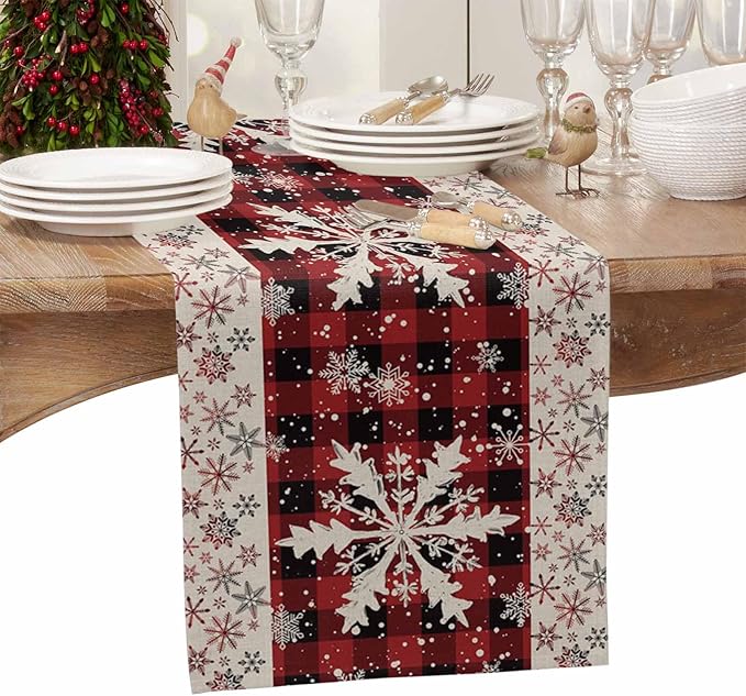 Buffalo Plaid Christmas Cotton Linen Table Runner for Dining Kitchen, Snowflake Red Black Check Wedding Outdoor Party Tablerunner Decoration, Retro Dresser Scarf Coffee Tablecloth Runners 13x70 Inches
