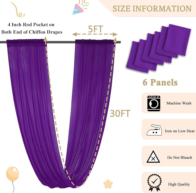 MODFUNS Purple Ceiling Drapes for Weddings Arch Drapery Fabric 6 Panels 5x30ft Chiffon Sheer Fabric Draping Tulle Wedding Curtain Drapes Ceiling Panels for Holiday Birthday Ceiling Supplies