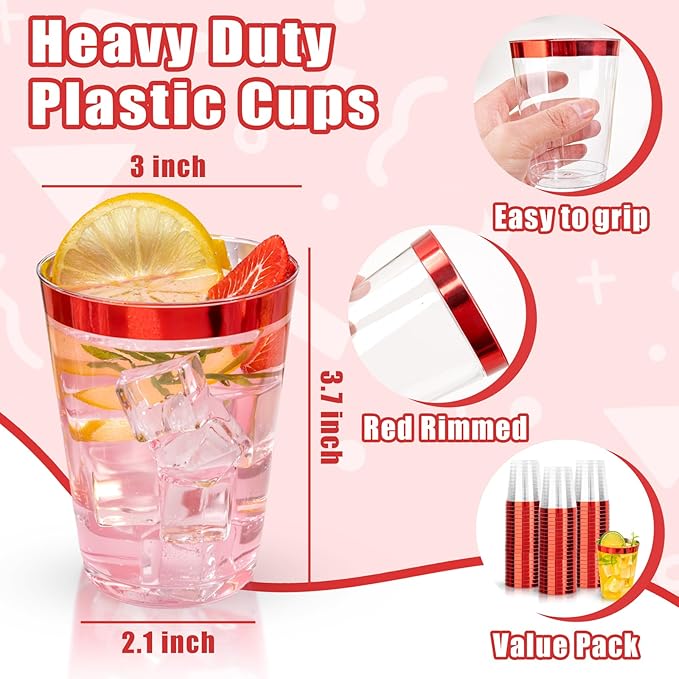 DaYammi 100 Pack Red Plastic Cups 10 Oz Clear Red Rimmed Plastic Cups for Party Fancy Disposable Cup for Wedding Disposable Glasses Clear Tumblers with Rim for Birthday Elegant Wine Cocktail Cup