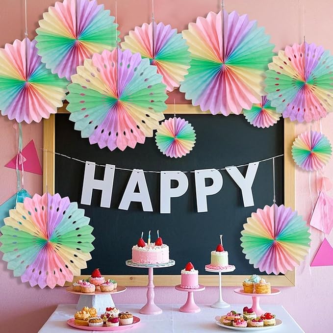 SUNBEAUTY Paper Fan, Pastel Flowers, Decor for Wall, Rainbow Decorations Hanging, Macarons Paper Fans Backdrop for Tea Party Weddding Spring Birthday Classroom Baby Shower -11 Pcs