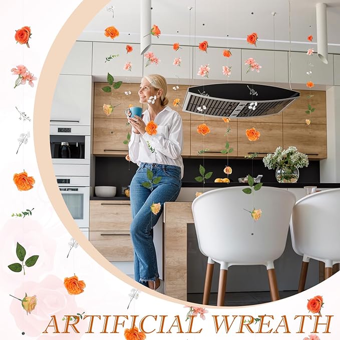 XunYee 6 Pcs 35.4 ft Flower Garlands Hanging Wildflower Backdrop Decoration Artificial Floral Garlands Fake Flower Vines Faux Silk Wildflower Decor for Halloween Fall Wedding Garden Wall Arch(Rose)