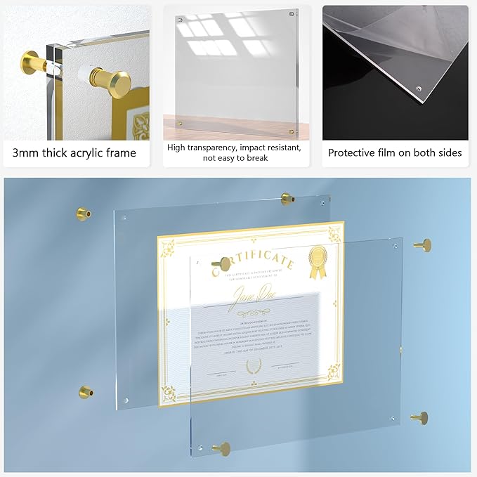 Acrylic Picture Frame for Wall, Clear Diploma Frame, No Drill Floating Frameless Photo Frame for Diploma Certificate Degree Document & Artworks Display, Graduation Gift for Students (1 Pack, 11X14 Straight edge)