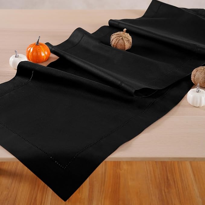 Black Table Runner 72 Inch – Cotton Linen Hemstitch Farmhouse Table Runner 14x72– Washable Fabric for Dining, Fall, Halloween, Thanksgiving, Spring, Summer, Wedding, Everyday Décor – Serena