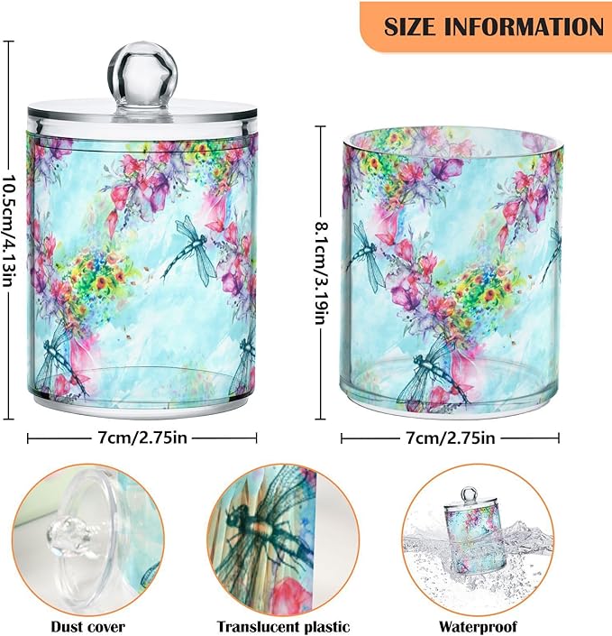 Gredecor Qtip Holder Dispenser 4 Pack Watercolor Flowers Dragonfly Apothecary Jars with Lids Bathroom Vanity Countertop Canister Storage Organizer for Cotton Ball,Swabs,Pads,Floss