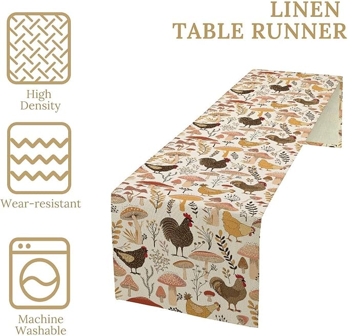 Mushroom Table Runner,Retro Natural Plant Famhouse Table Runner for Kitchen Dining Table Home Party Decoration 13x108 Inch
