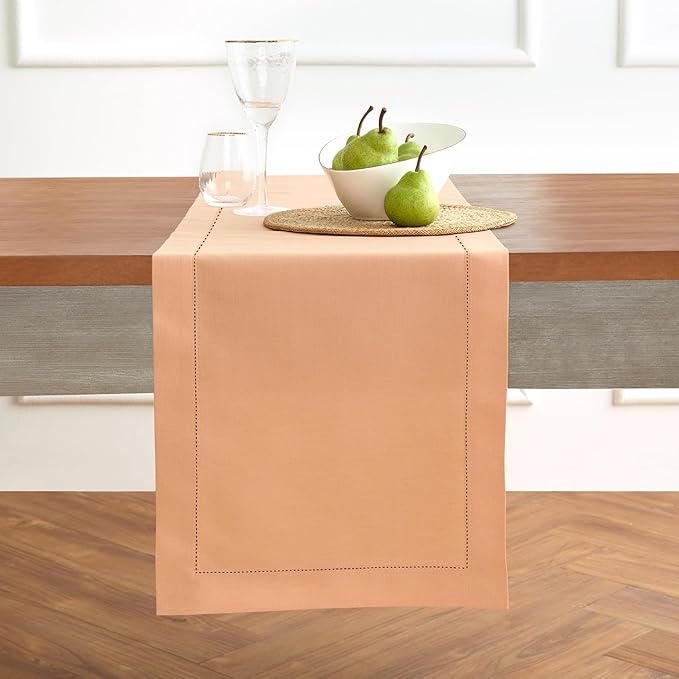 Solino Home Cotton Linen Table Runner 48 Inches - Peach Bloom Hemstitch Table Runner 14 x 48 Inch Ideal for Dresser and Coffee Tables