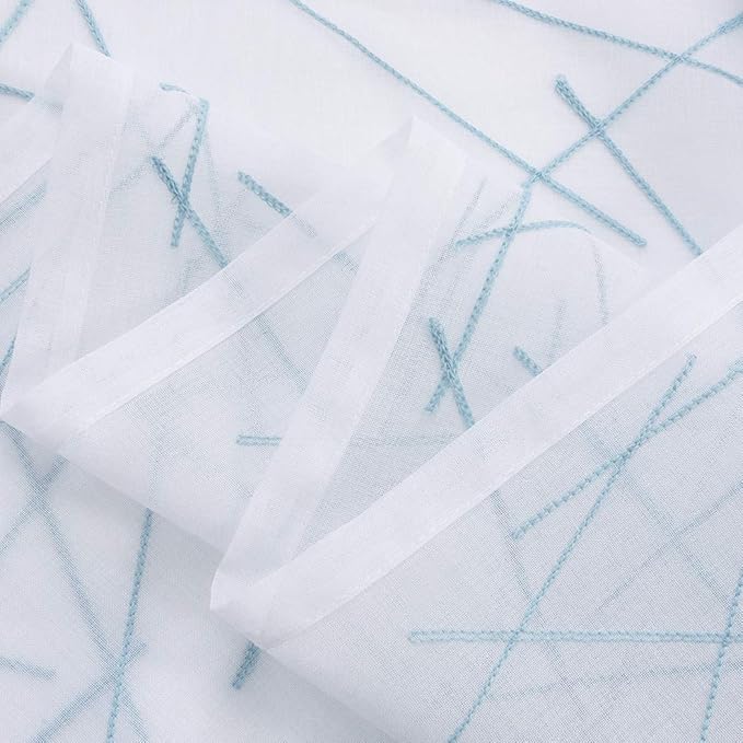 Blue Sheer Curtains 63 Inches, Rod Pocket Voile Drapes for Living room, Bedroom, Modern Embroidery Window Treatments Semi Faux Linen Curtain Panels for Yard, Patio, Parlor, Set of 2, 52"x 63".