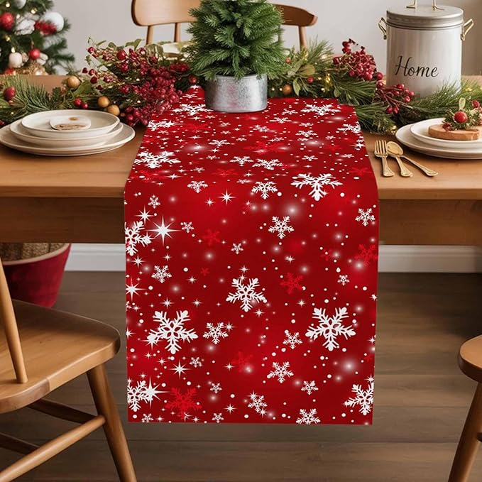 Christmas Snowflakes Cotton Linen Table Runner for Dining Kitchen, Red Xmas Winter Snow Wedding Outdoor Party Tablerunners Decoration, New Year Dresser Scarf Coffee Tablecloth Runners 13x70 Inches