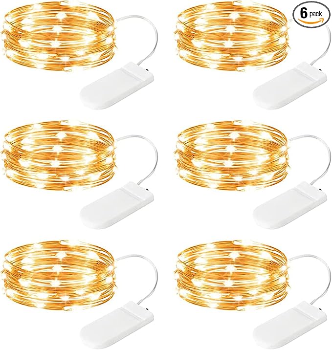 Minetom 6 Pack Fairy Lights Battery Operated String Lights - 7ft 20 LED Waterproof Silver Wire Firefly Lights Waterproof for DIY Crafts Wedding Décor Table Centerpieces Mason Jars Party