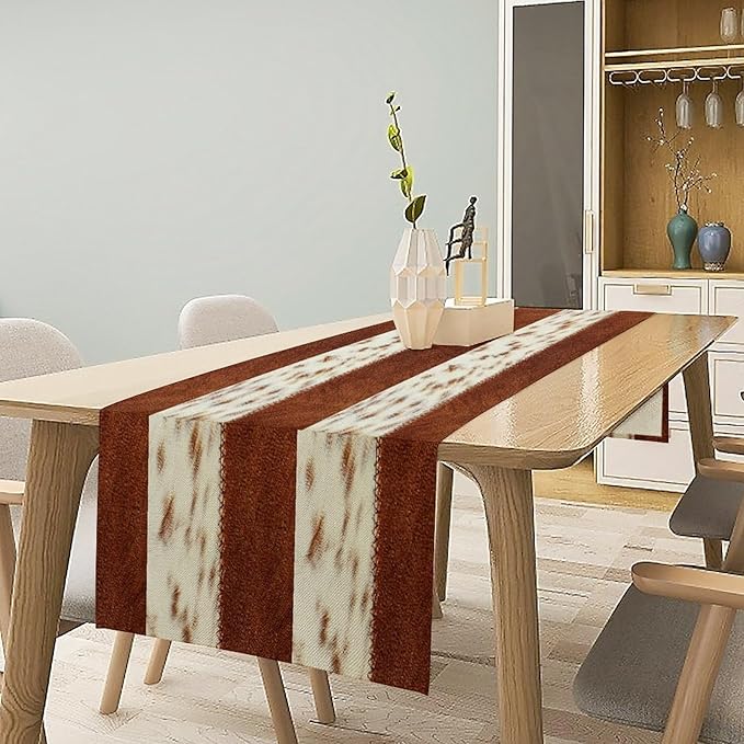 Cow Patchwork Print Table Runner, Brown Country Farm Animal Fur Skin Farm Safari Wildlife Pattern Table Runner for Dinner Dinning Home Kitchen Living Room Party Holidays Setting, 13x120 Inch